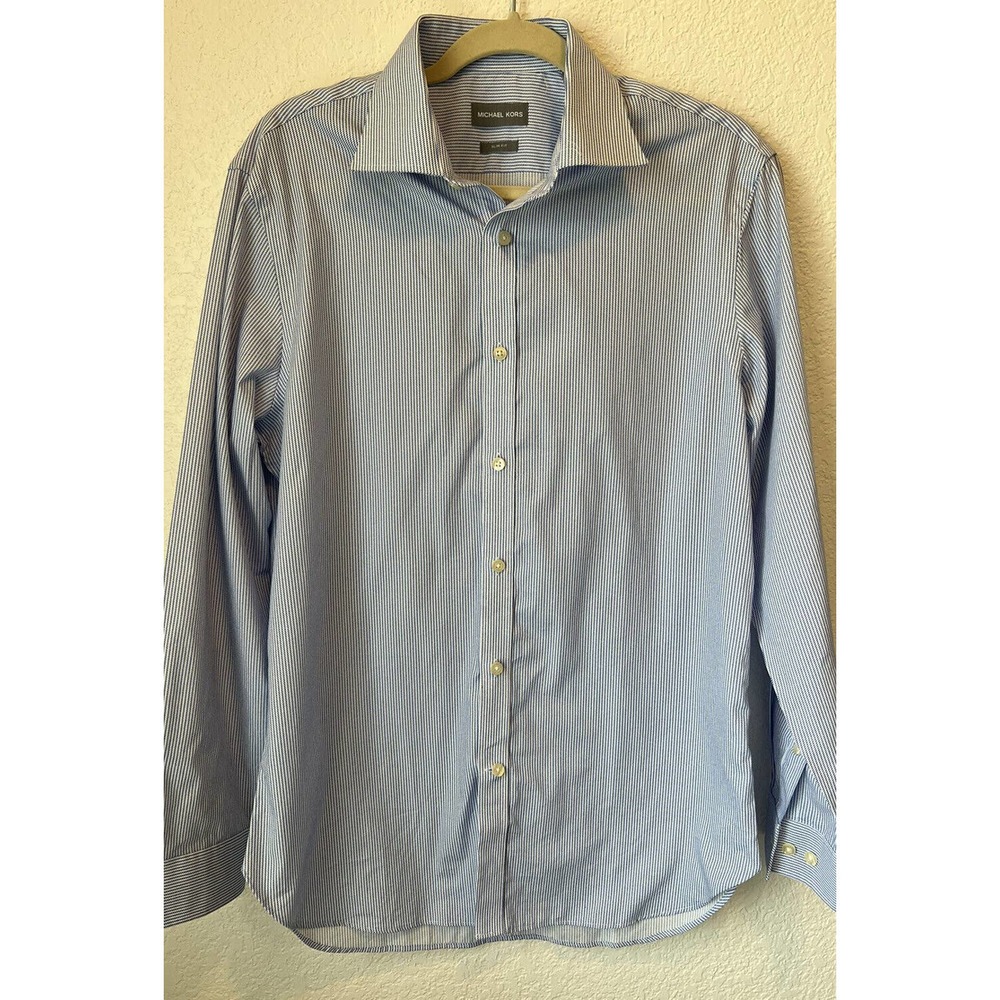 Michael Kors Button Down Mens Medium M Slim Fit Long Sleeve Shirt Blue/white